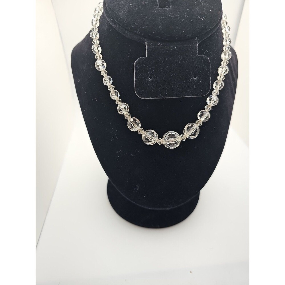 Vintage Art Deco Sterling Silver Faceted Graduated Crystal Glass Necklace